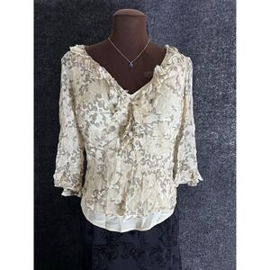 ICE Blouse Womens Medium Floral Sheer Silk Lace Up Ruffle Sleeve  Top